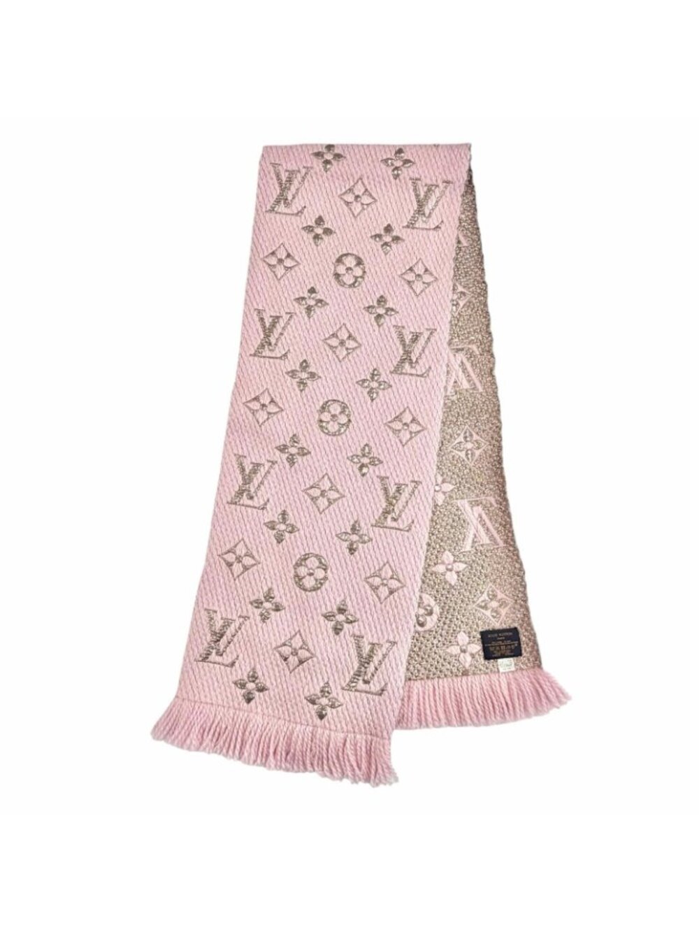 Louis Vuitton Echarpe Logo Mania Shine Wool Silk Blend Scarf Pink Gold - Picture 2 of 8